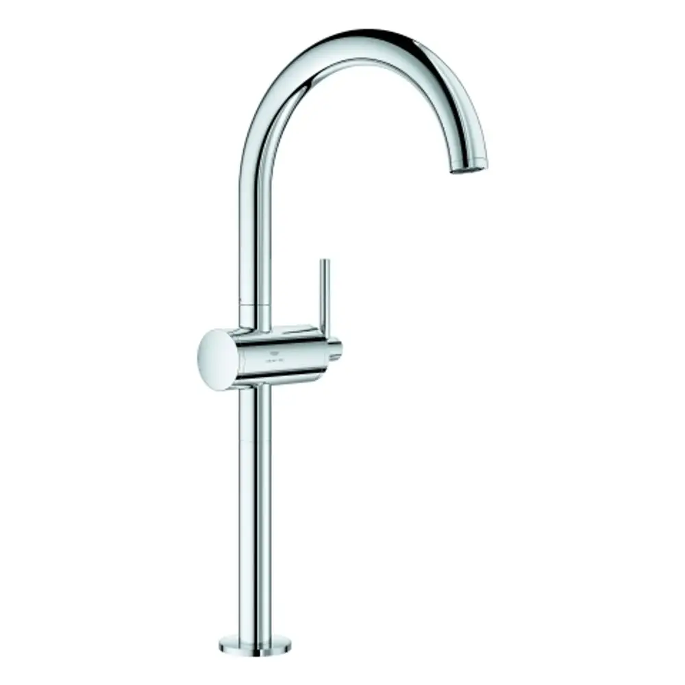 Einhand-Waschtischbatterie von Grohe in Chromausführung mit hohem, gebogenem Auslauf und seitlichem Hebel zur Steuerung des Wasserflusses.