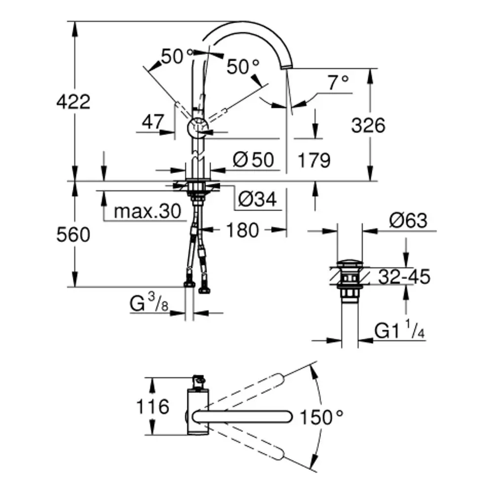 Technische Zeichnung einer Armatur mit verstellbarem Auslauf und Bedienelement, Modell von Grohe, geeignet für eine Waschtischmontage. Zeichnung zeigt Maße und Montagehinweise.