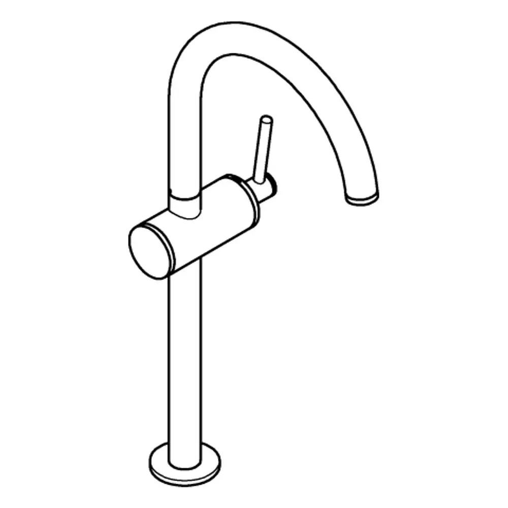 Einzelner Wasserhahn in chromfarbener Ausführung von Grohe, mit langem, gebogenem Auslauf und seitlichem Hebel zur Steuerung des Wasserflusses.