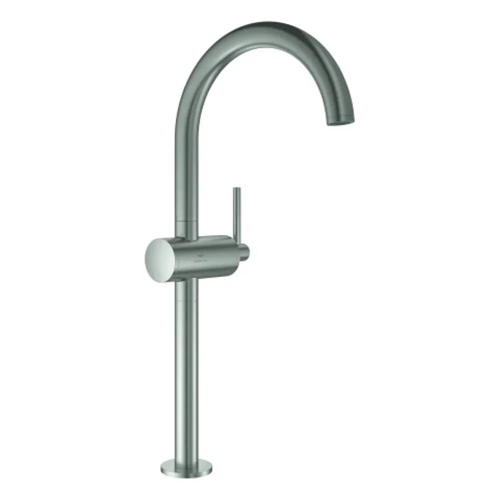 Grohe Einhand-Waschtischbatterie in Edelstahl-Optik mit hohem, gebogenem Auslauf und seitlichem Hebel zur Temperatur- und Mengenregulierung.