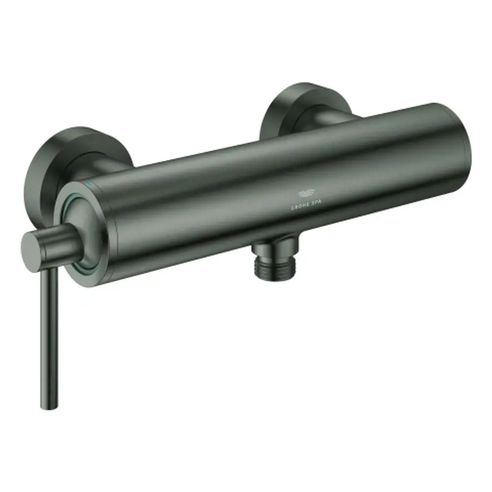 Grohe Einhand-Brausebatterie in mattem Schwarz, wandmontiert mit drehbarem Hebel und drei Anschlüssen für Wasseranschluss, schlichte und funktionale Bauweise.