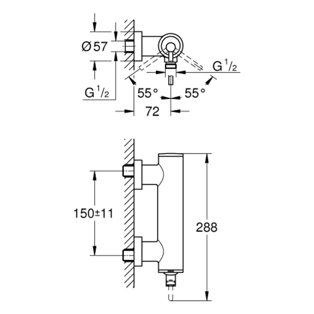 GROHE Einhand-Brausebatterie mit Wandmontage, Ansicht von der Seite und der Front. Abmessungen und Montageanleitungen sind im technischen Zeichnungsstil dargestellt.
