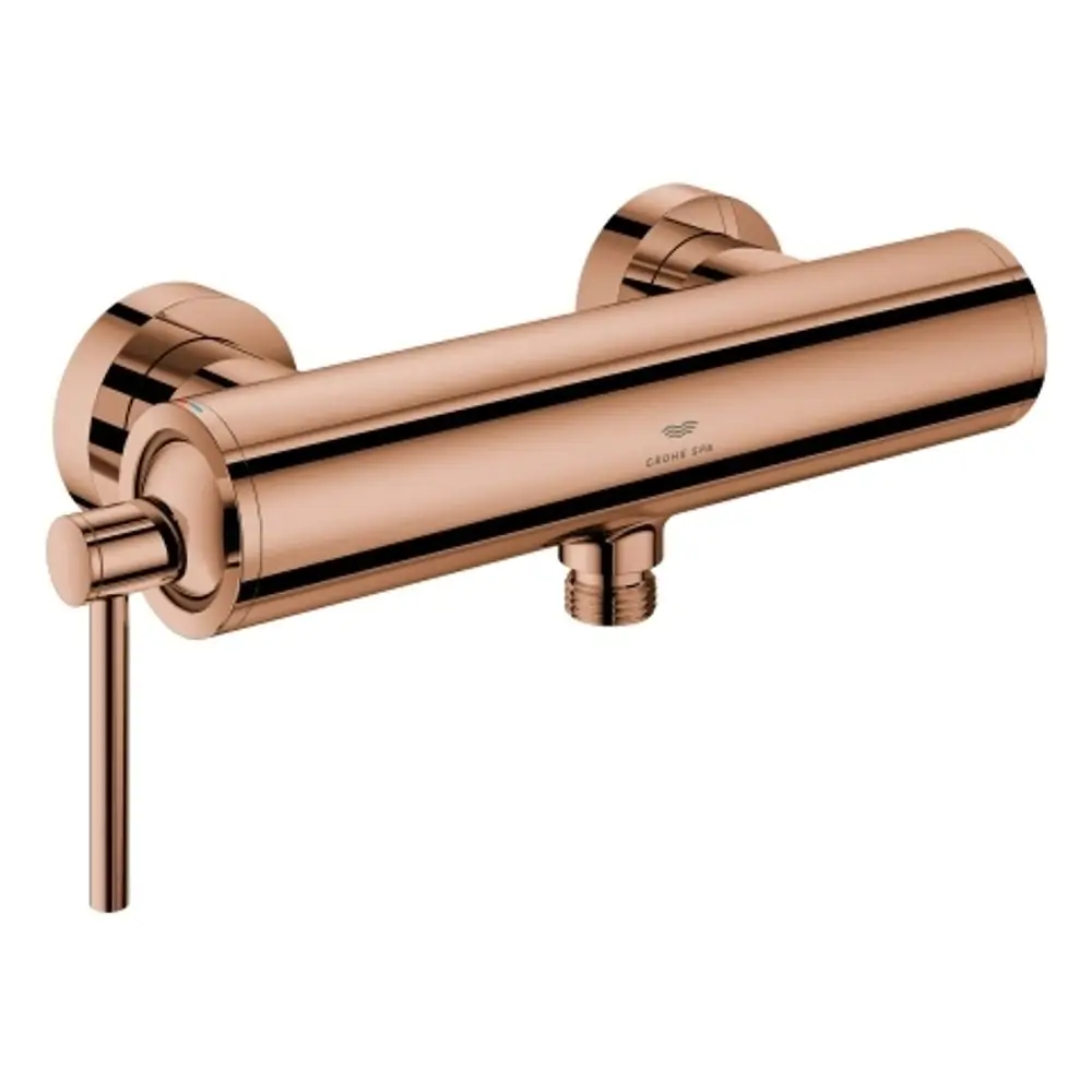 Grohe Einhand-Brausebatterie in warm sunset, wandmontiert, mit einem runden, glänzenden Design und einem seitlichen Griff zur Temperatur- und Wassermengenregulierung.