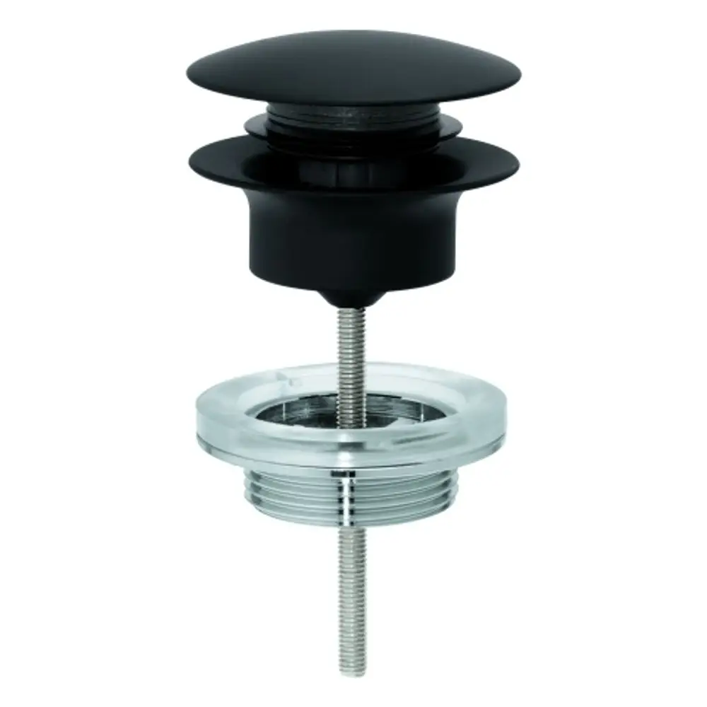 Grohe Ablaufgarnitur in Phantom Black mit Druckstopfen. Der Mechanismus besteht aus einer transparenten Unterlage und einem schwarzen Stopfen.