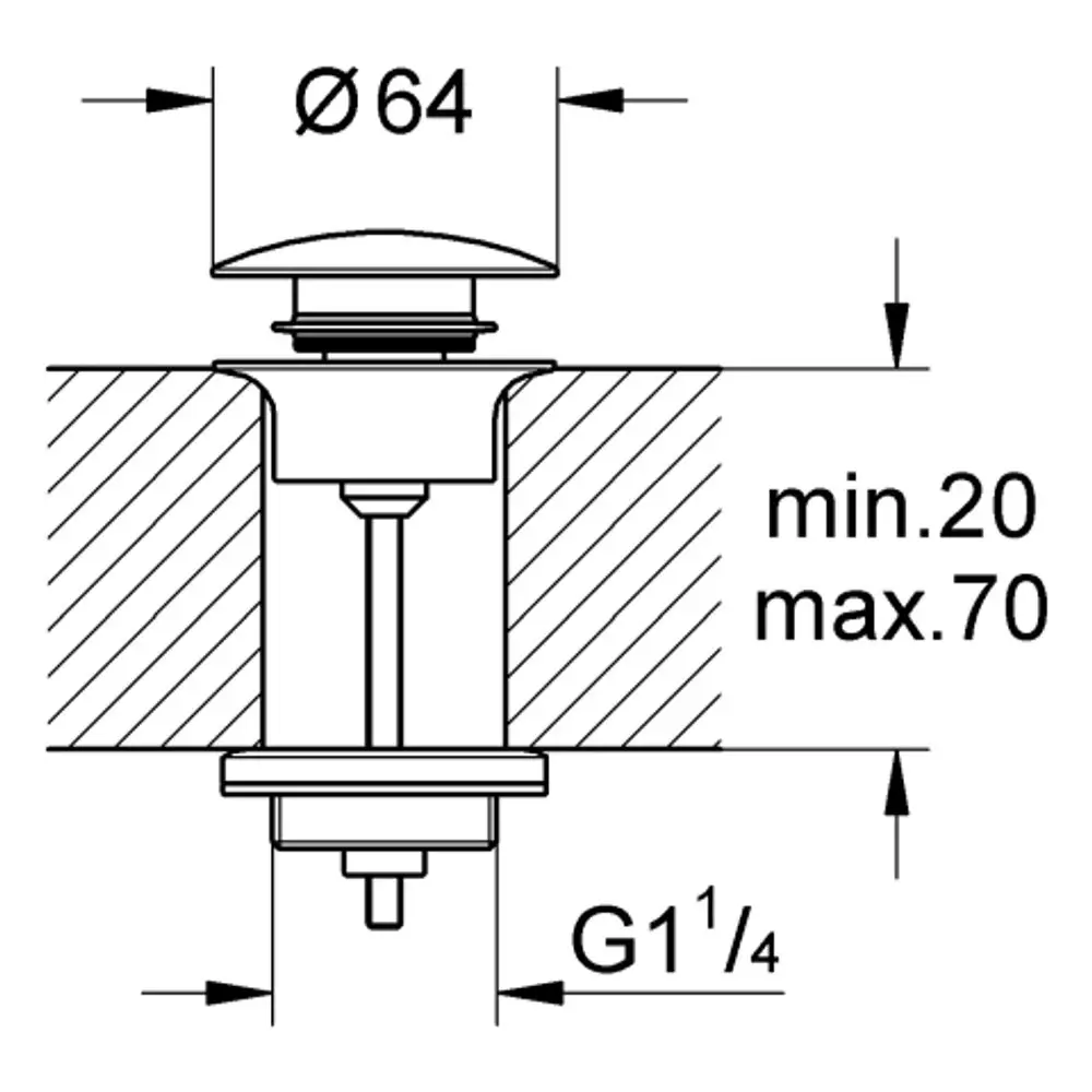 Grohe Ablaufgarnitur mit Druckstopfen, dargestellt in einer schematischen Zeichnung, die Maße und Installationselemente zeigt. Komponenten sind deutliche markiert.