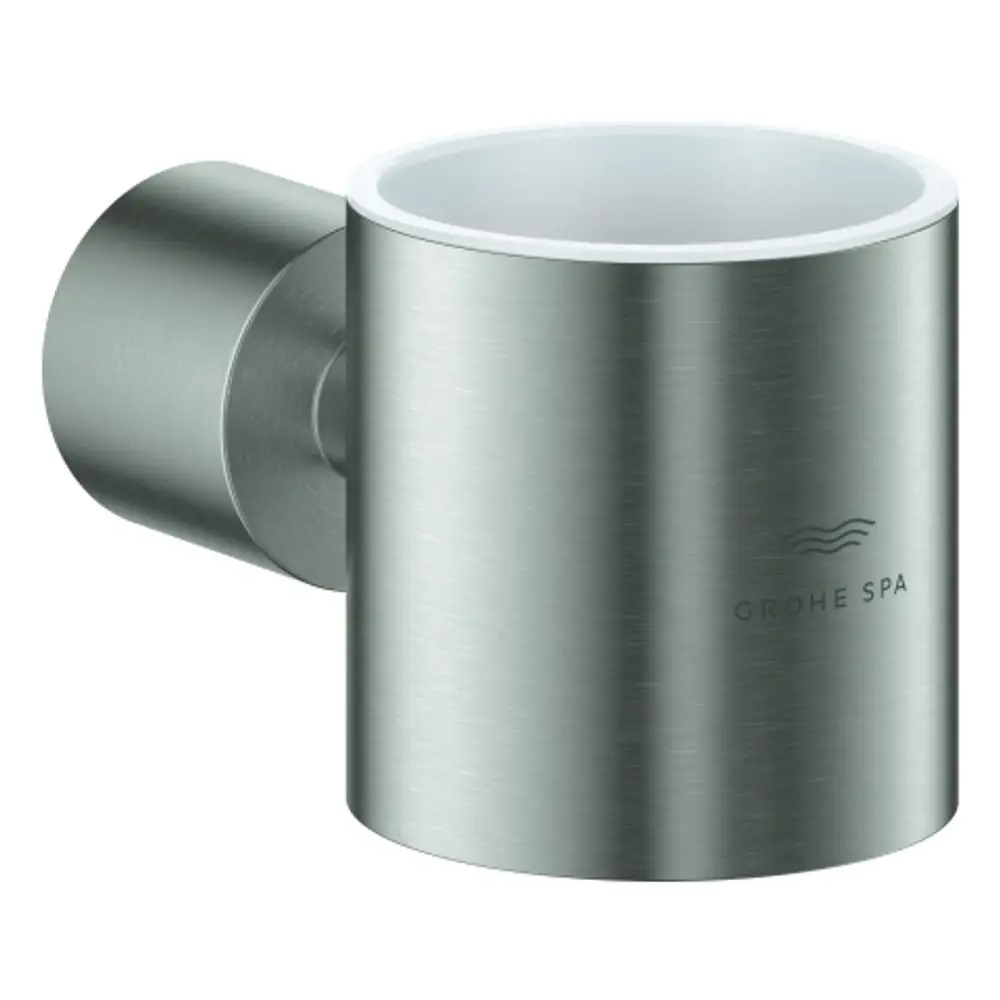 GROHE Glashalter in einer satinierte Edelstahl-Optik, wandmontiert, mit einer runden Halterung für einen Glasbehälter.