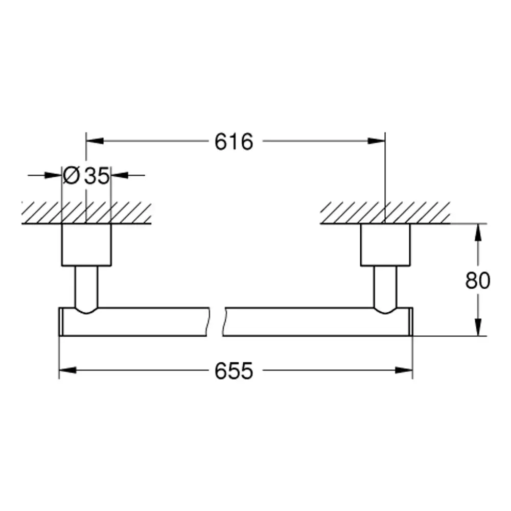 GROHE Badetuchhalter in grafitgrau mit zwei Montageelementen. Maße und Details sind im technischen Zeichenbogen dargestellt.