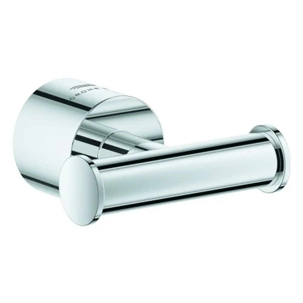 Grohe Bademantelhaken in chromfarbenem Finish, an einer Wand montiert, mit einem klaren, minimalistischen Design und einer runden Halterung für Bademäntel oder Handtücher.