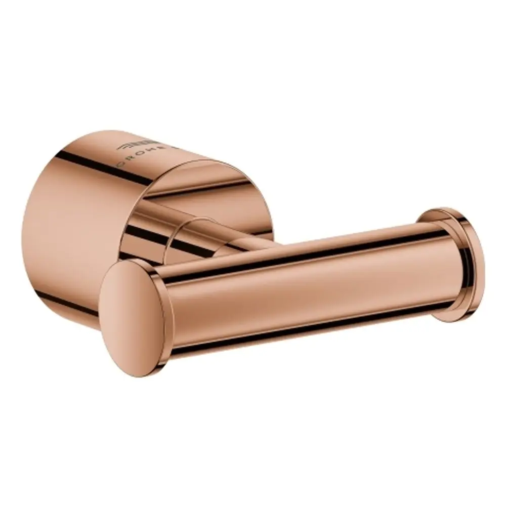 Haken aus poliertem Metall in Roségold von Grohe, zur Wandmontage geeignet, mit runder Halterung und zylindrischem Stab für Bademäntel oder Handtücher.
