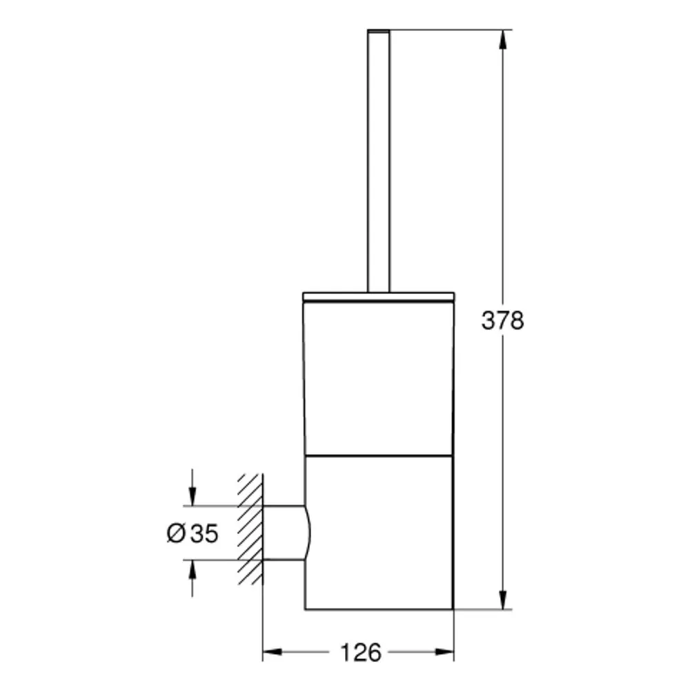 Wandmontierte Toilettenbürstengarnitur von Grohe mit einem zylindrischen Behälter und einem Halterungsmechanismus, sichtbar in einem minimalistischen Design.
