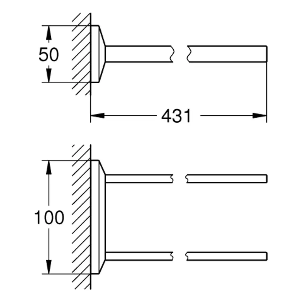 GROHE Handtuchhalter mit zwei Armen, auf einer Wand montiert, mit einer runden Basis und zwei horizontalen Halterungen. Das Material hat einen glatten, reflektierenden Glanz.