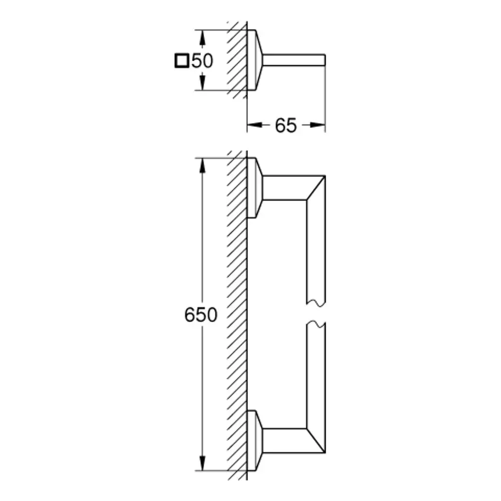 Grohe Badetuchhalter mit runder Wandbefestigung, montiert an einer vertikalen Oberfläche. Design zeigt klare Linien und eine einfache Form ohne zusätzliche Verzierungen.