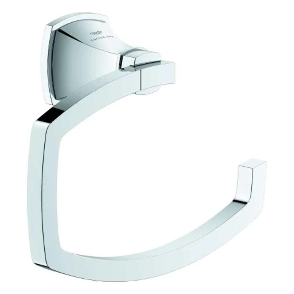 Wandmontierter WC-Papierhalter in Chromoptik von Grohe, mit rechteckiger Halterung und leicht gebogenem Haltearm für Toilettenpapierrollen.
