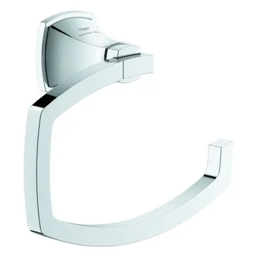 Wandmontierter WC-Papierhalter in Chromoptik von Grohe, mit rechteckiger Halterung und leicht gebogenem Haltearm für Toilettenpapierrollen.