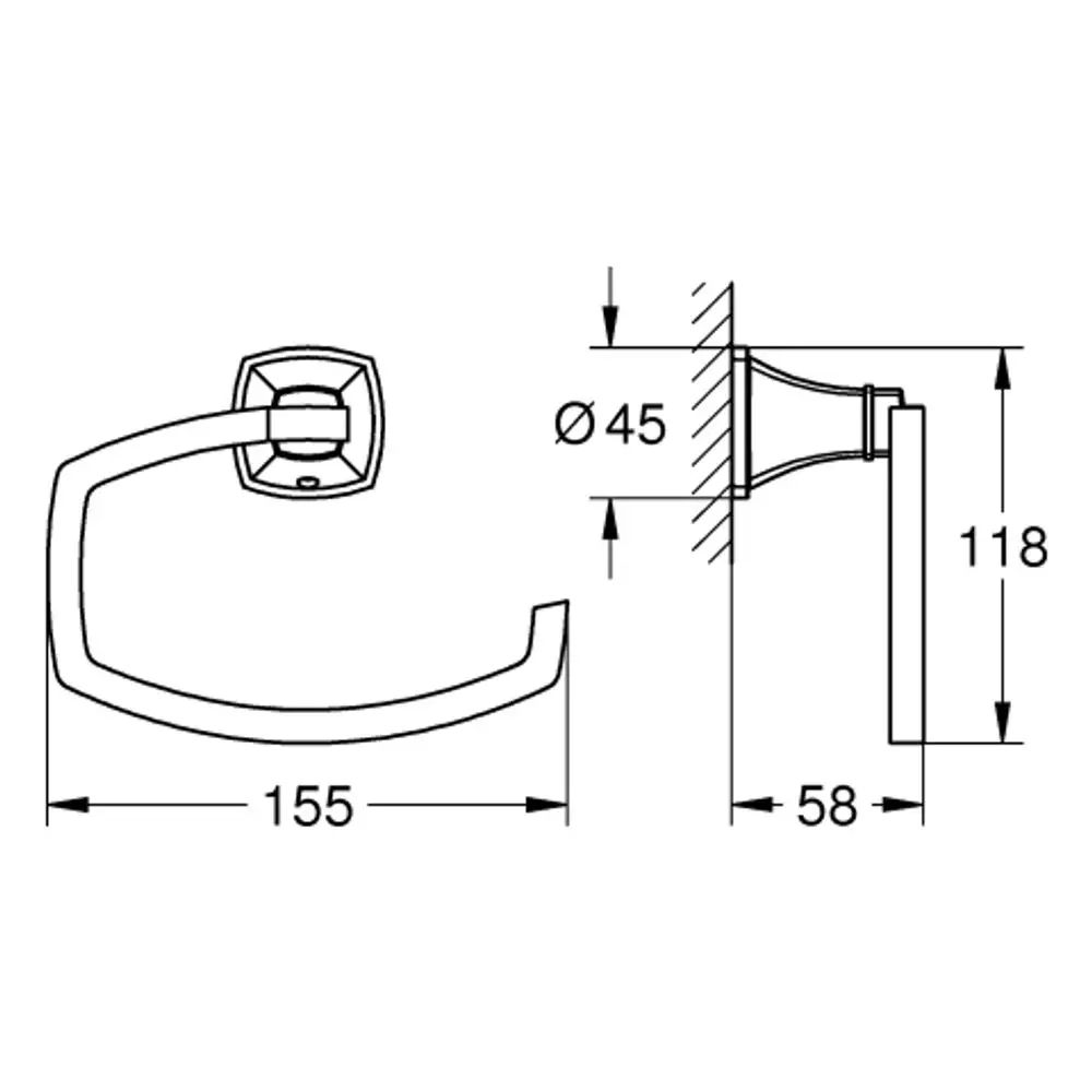 Grohe WC-Papierhalter mit gebogener Halterung und quadratischer Wandplatte. Sicht von vorne und seitlich mit Maßangaben.