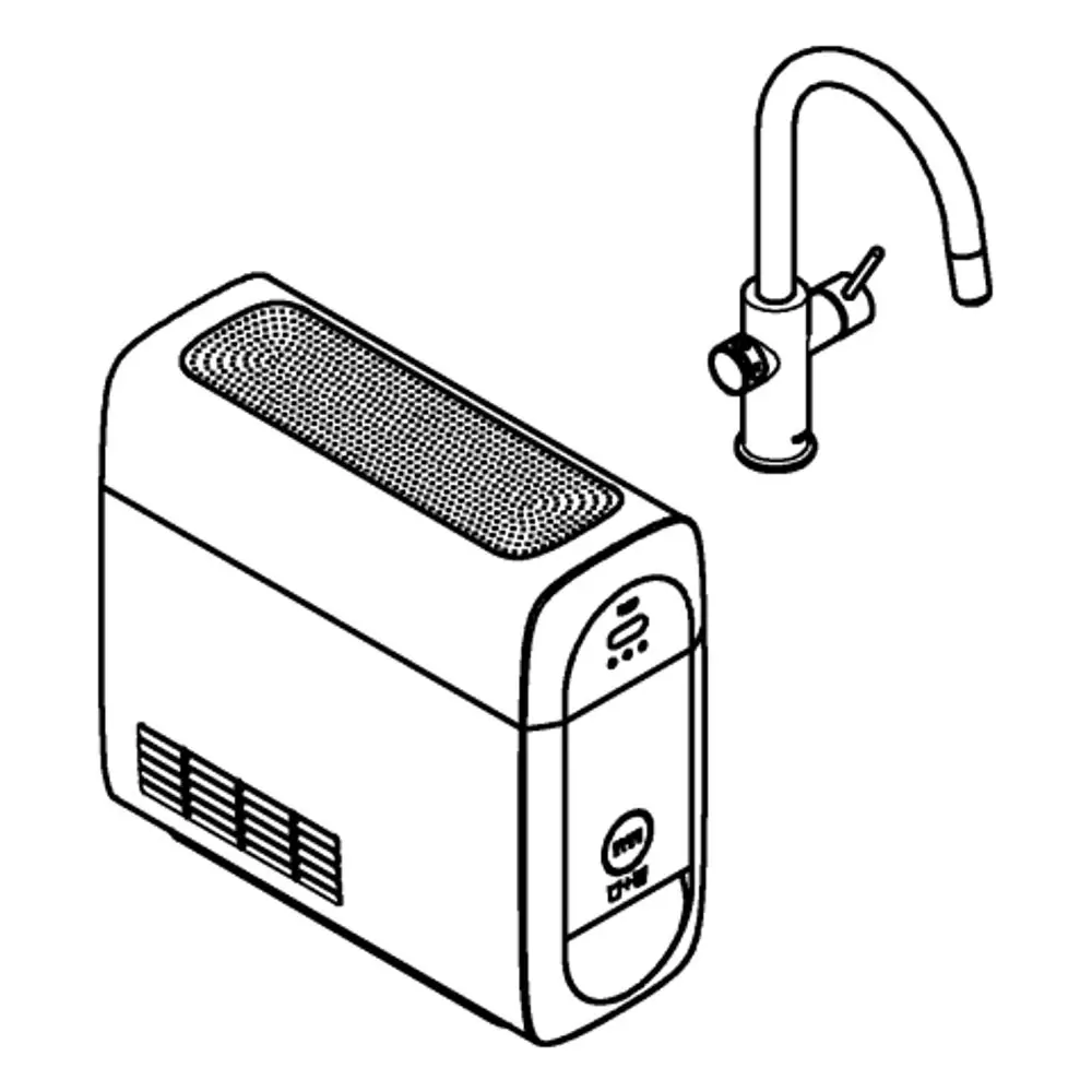 Grohe-Gerät in kompaktem Design mit länglichem Auslass, neben einem Wasserhahn. Gerät verfügt über Bedienelemente an der Frontseite für Funktionalitäten.