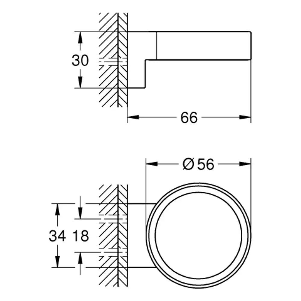 Technische Zeichnung eines Halters von Grohe mit verschiedenen Maßen und Ansichten für die Montage eines Seifenspenders oder Glases.