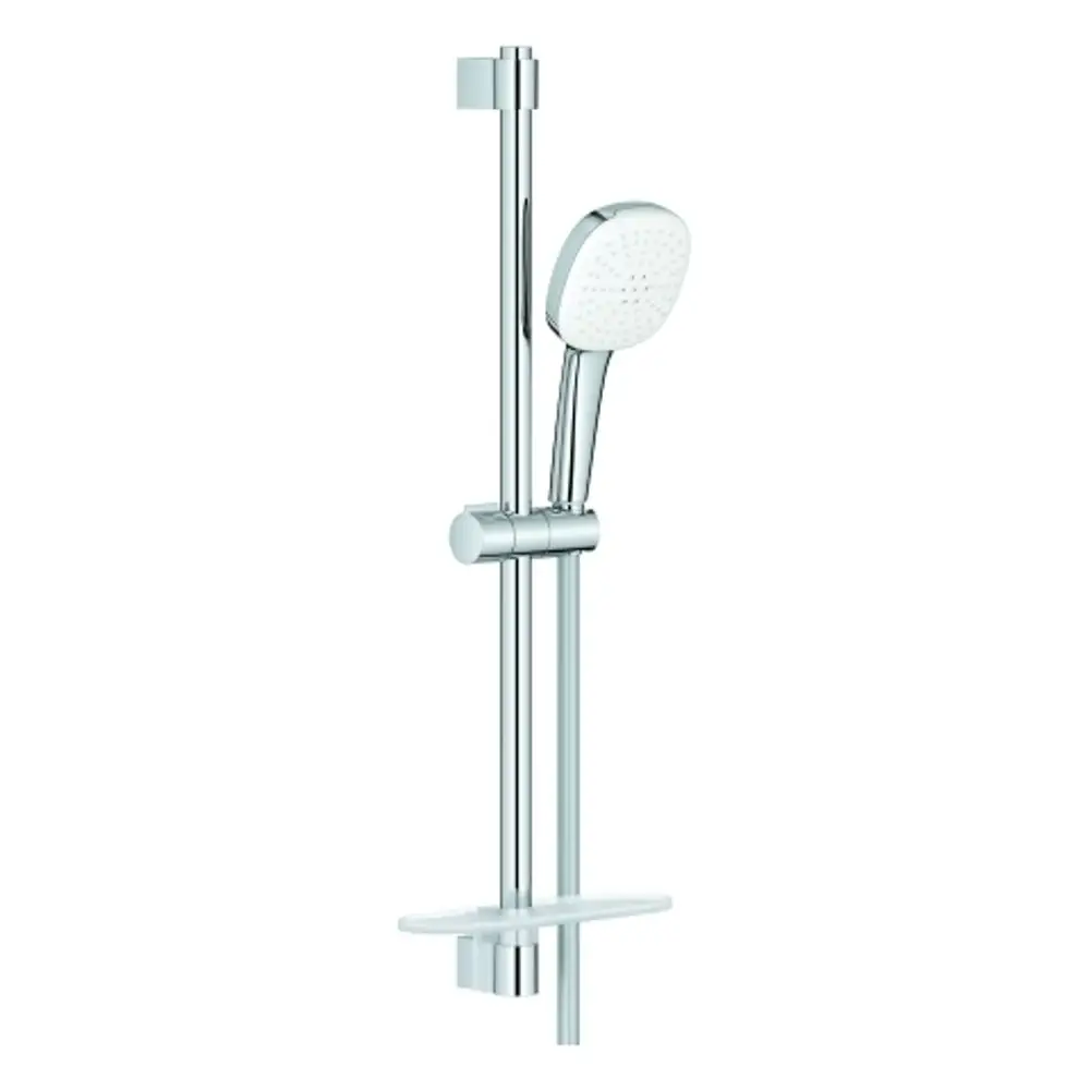 Hochwertiges Duschpaneel von Grohe mit Handbrause, verstellbarem Halter und Ablagefläche. Oberfläche in chrom. Einfaches Design für Badezimmer.
