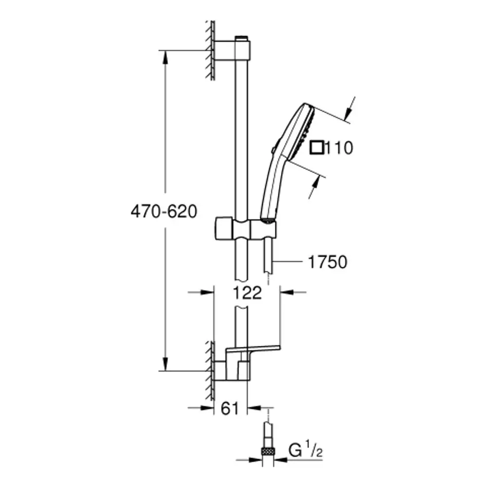 Brausestangenset von Grohe mit Handbrause, verstellbarem Halt, und einer Ablage, geeignet für Wandmontage. Funktionelles Design in Chromoptik.