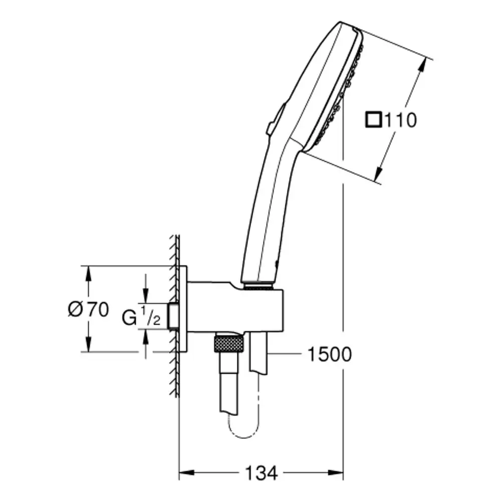 Wandhalter für eine Duschbrause von Grohe, ausgestattet mit drei Strahlarten. Zeichnung zeigt den Halter mit Maßen und Anschlussdetails.