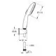 Grohe Duschkopf mit Halterung, seitlich angebracht, ergonomisches Design, drei Strahlarten, Verbindungsschlauch sichtbar, Maße auf technische Zeichnung dargestellt.