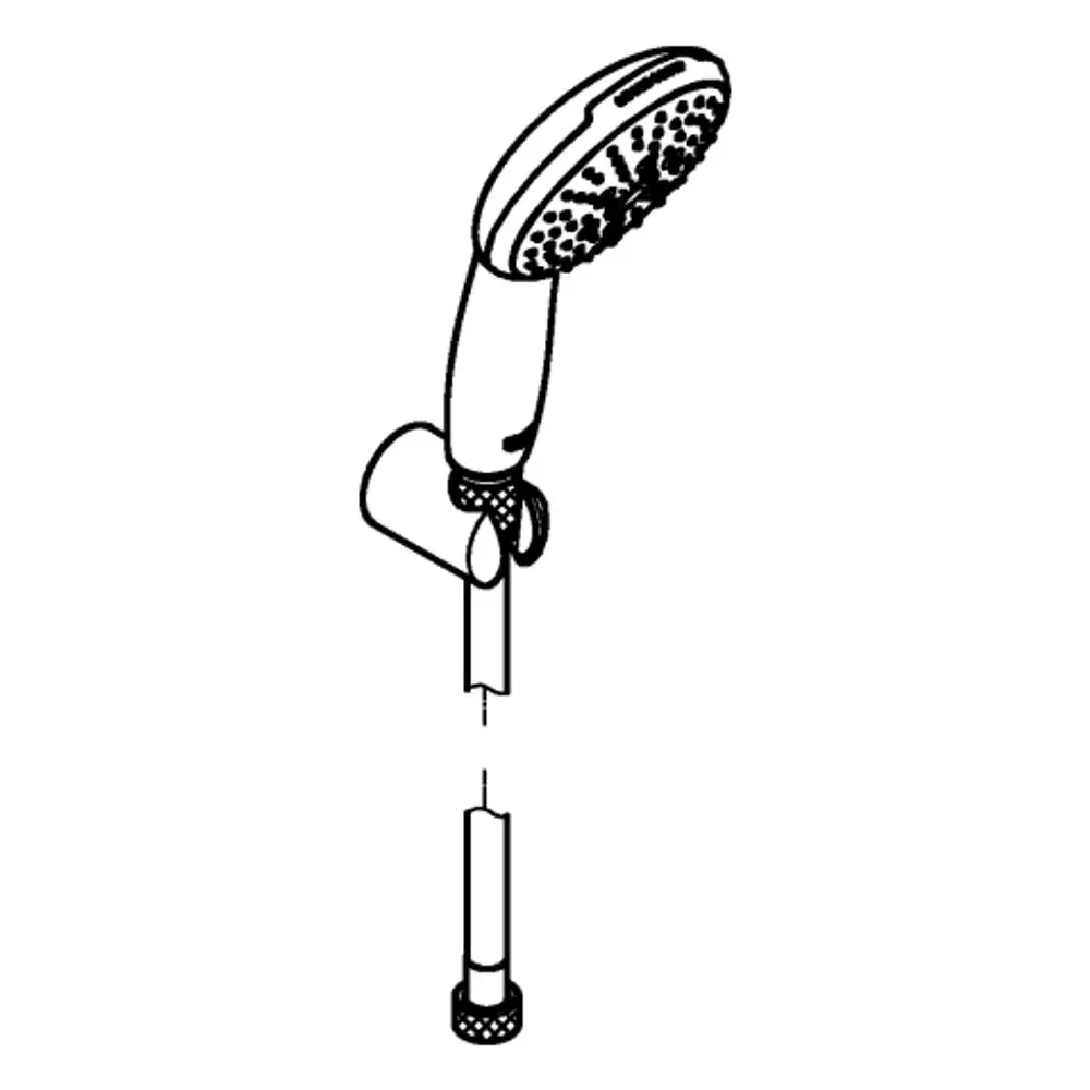 Grohe Duschkopf mit Halterung, abgebildet in seitlicher Ansicht. Der Duschkopf verfügt über mehrere Strahlarten und ist mit einem flexiblen Schlauch verbunden.