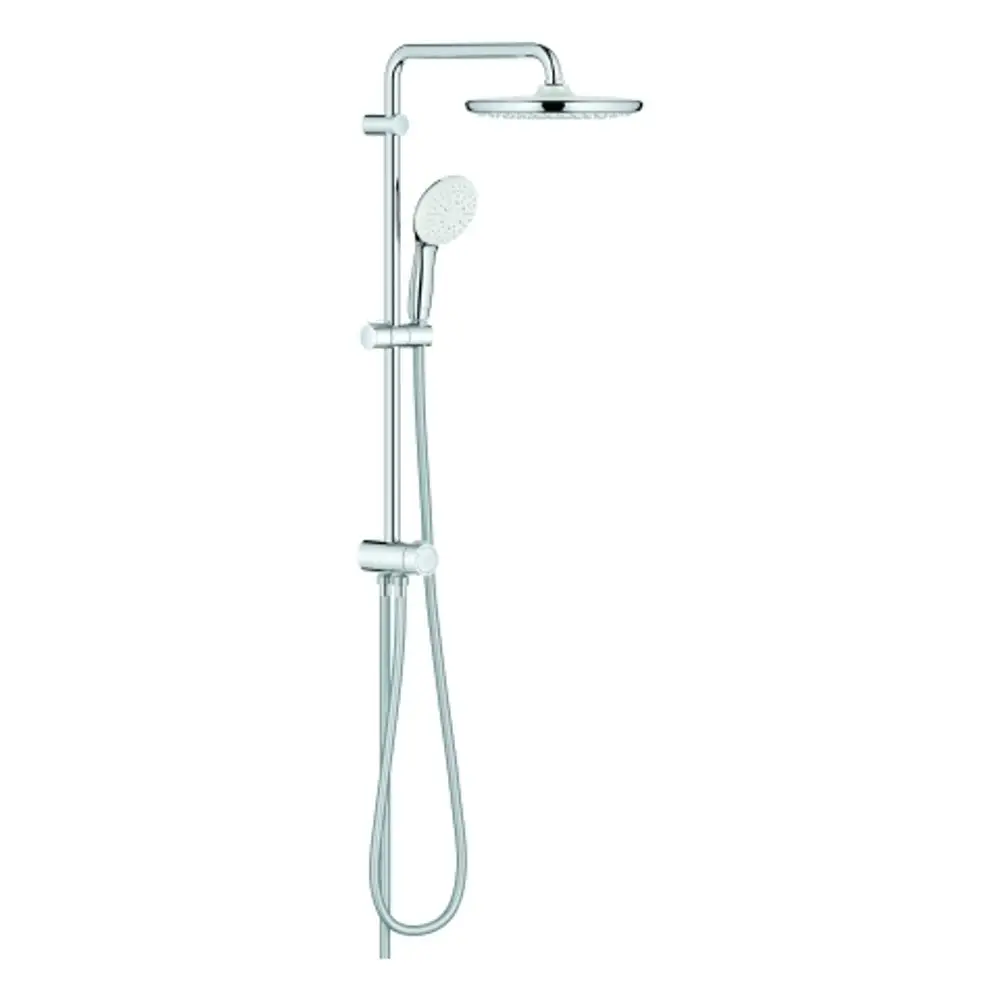 Chromfarbenes Duschsystem von Grohe mit Kopfbrause und Handbrause. Vertikal montiert, mit flexibler Schlauchverbindung.