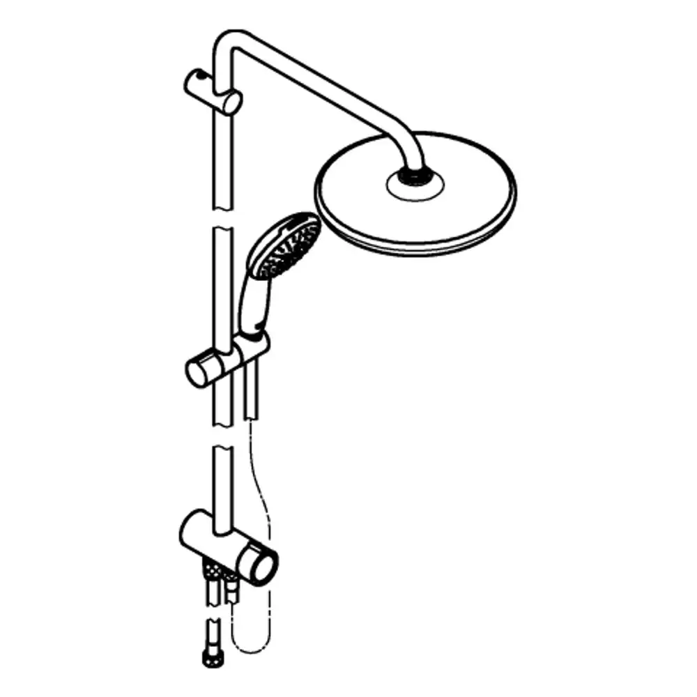Grohe Duschsystem mit Kopfbrause und Handbrause. Die Installation zeigt die Anordnung der Wasserzuleitungen und Halterungen für eine Dusche.