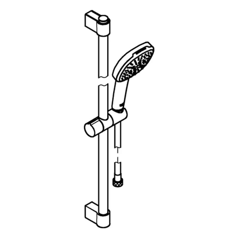 GROHE Brausestangenset mit Handbrause, Wandhalterung und Schlauch. Der Handbrausekopf hat ein strukturiertes Design und mehrere Strahlarten.