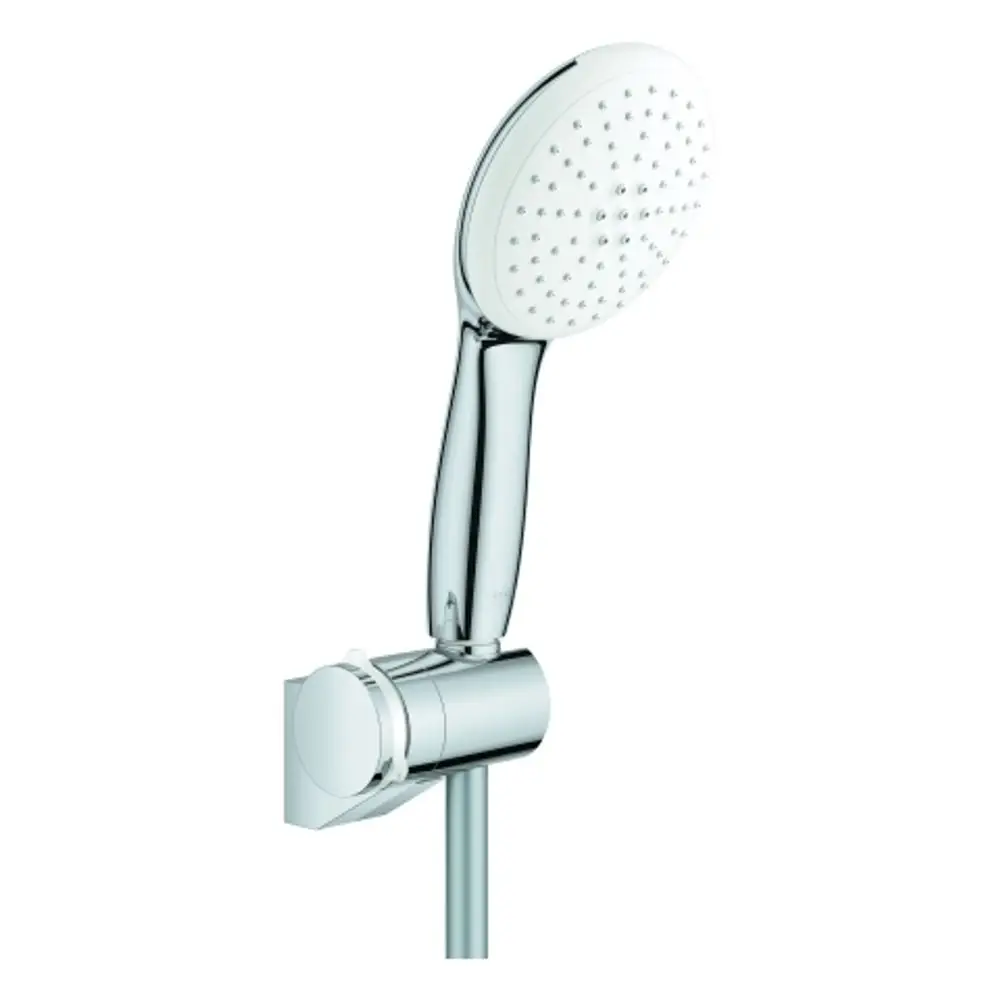 Chromfarbener Duschkopf mit Halterung von Grohe, mit mehreren Düsenauslässen für unterschiedliche Strahlarten. An einem wandmontierten Halter angebracht.