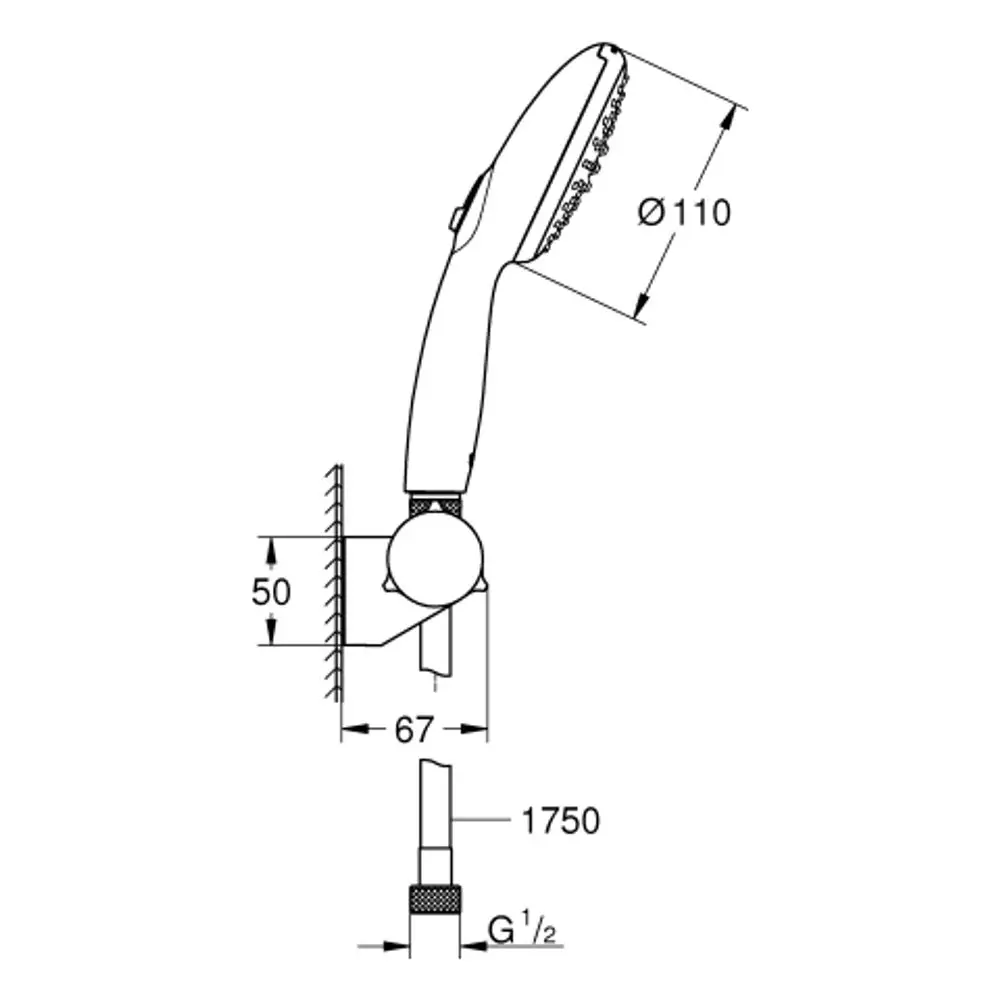 GROHE Wandhalterset mit Handbrause und zwei Strahlarten. Design mit runder Halterung und Schlauchanschluss, geeignet für die Wandmontage.