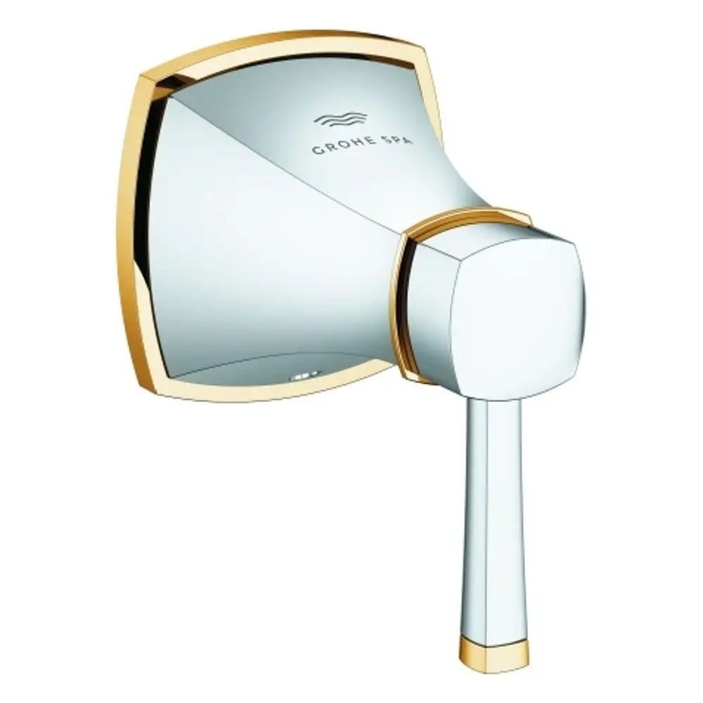 GROHE-Armatur in Chrom mit goldenen Akzenten, ovaler Form und drehbarem Hebel zur Regelung. Sichtbare Markengravur auf der Oberfläche.