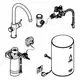 Grohe Armatur in schwarz mit flexibler Auslaufbrause, verbunden mit einem Boiler. Zubehör und Anschlüsse für die Installation sind abgebildet.