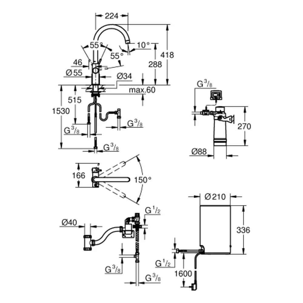 Grohe Armatur mit einem hohen Auslauf für eine Küchenanwendung, detaillierte technische Zeichnung mit Maßen und Anschlussdetails.