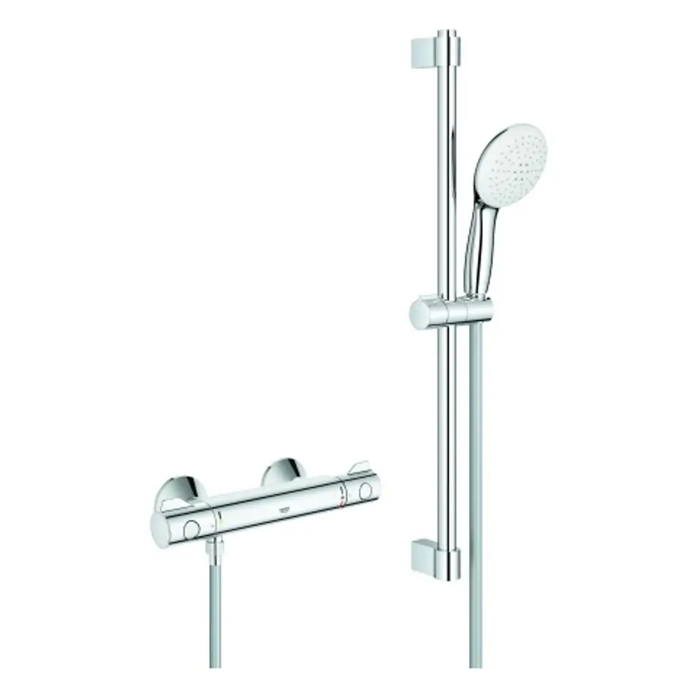 GROHE Duscharmatur mit Handbrause und verstellbarer Halterung, chromfarben, montiert an einer vertikalen Stange, zur Wandinstallation geeignet.