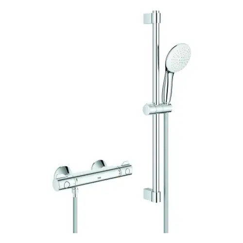 Duschtasse mit Thermostatarmatur, Handbrause und verstellbarem Halter, in glänzendem Chromdesign, ideal für moderne Badezimmer.