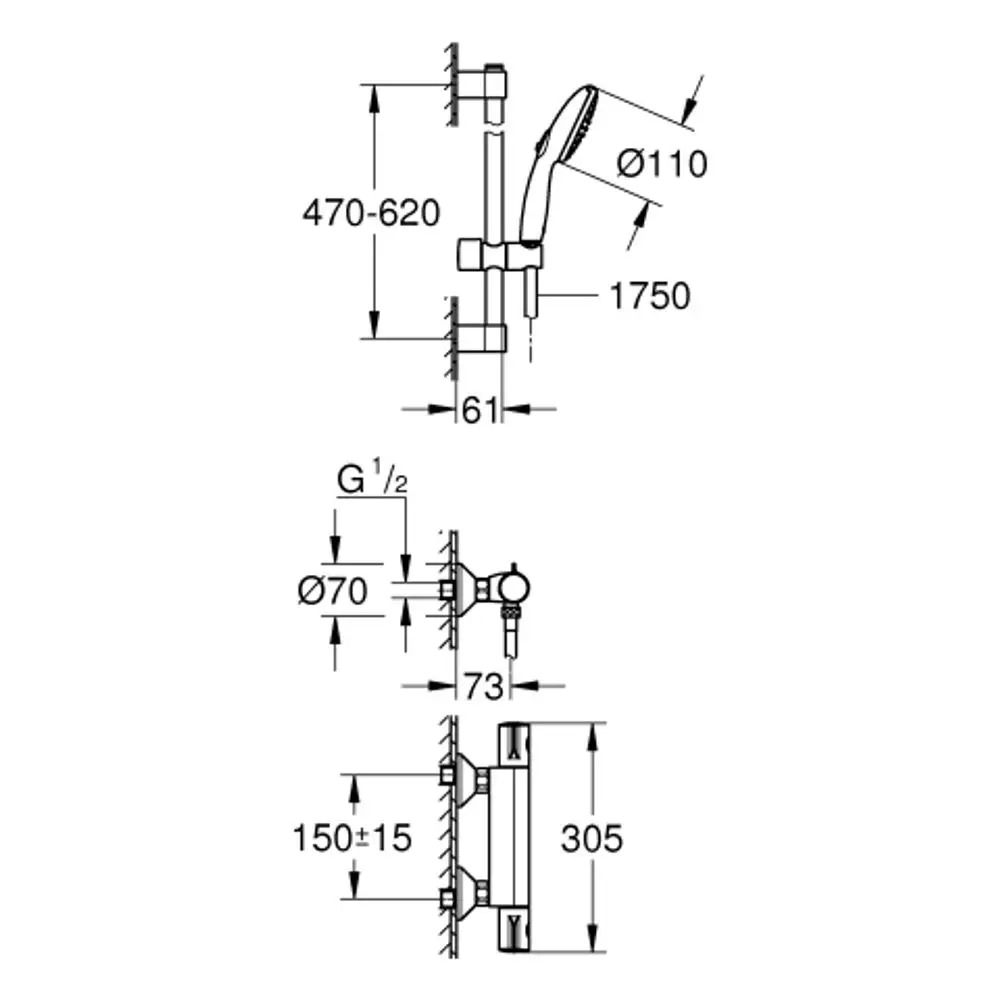 Brausebatterie mit Duschkopf, Halterung und Wandbefestigung. Grohe-Produkt mit schematischem Maßdiagramm zur Installation und Positionierung.