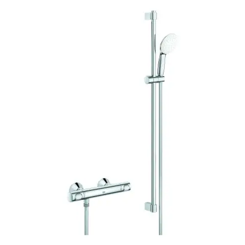 Duscharmatur von Grohe mit Handbrause und verstellbarem Halter. Chromoberfläche, montiert an einer Wand, mit Temperatur- und Wassermengenregler.