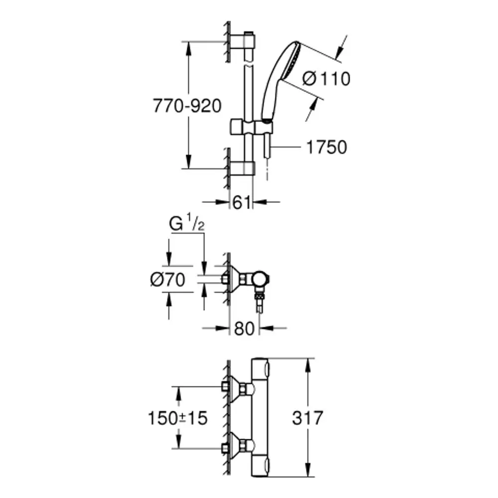 Grohe-Brausebatterie mit Handbrause, Wandmontage, Einbauhöhe adjustable, enthaltene Anschlüsse für Wasserzufuhr. Maße und technische Details auf dem Bild erkennbar.