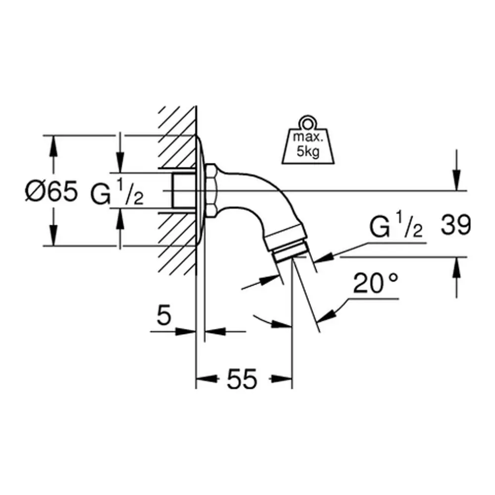 GROHE Brausearm mit Gelenk und Anschlussgewinde, Darstellung der Montageposition und Maße, geeignet für Standardinstallationen in Sanitärbereichen.