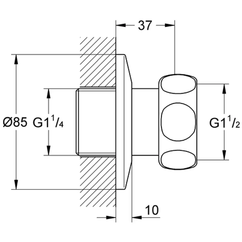 Gerader Anschluss von Grohe mit zwei Anschlüssen, einer mit G1/2, der andere mit G1/4. Sichtbare Maße und Details in a Außenansicht.