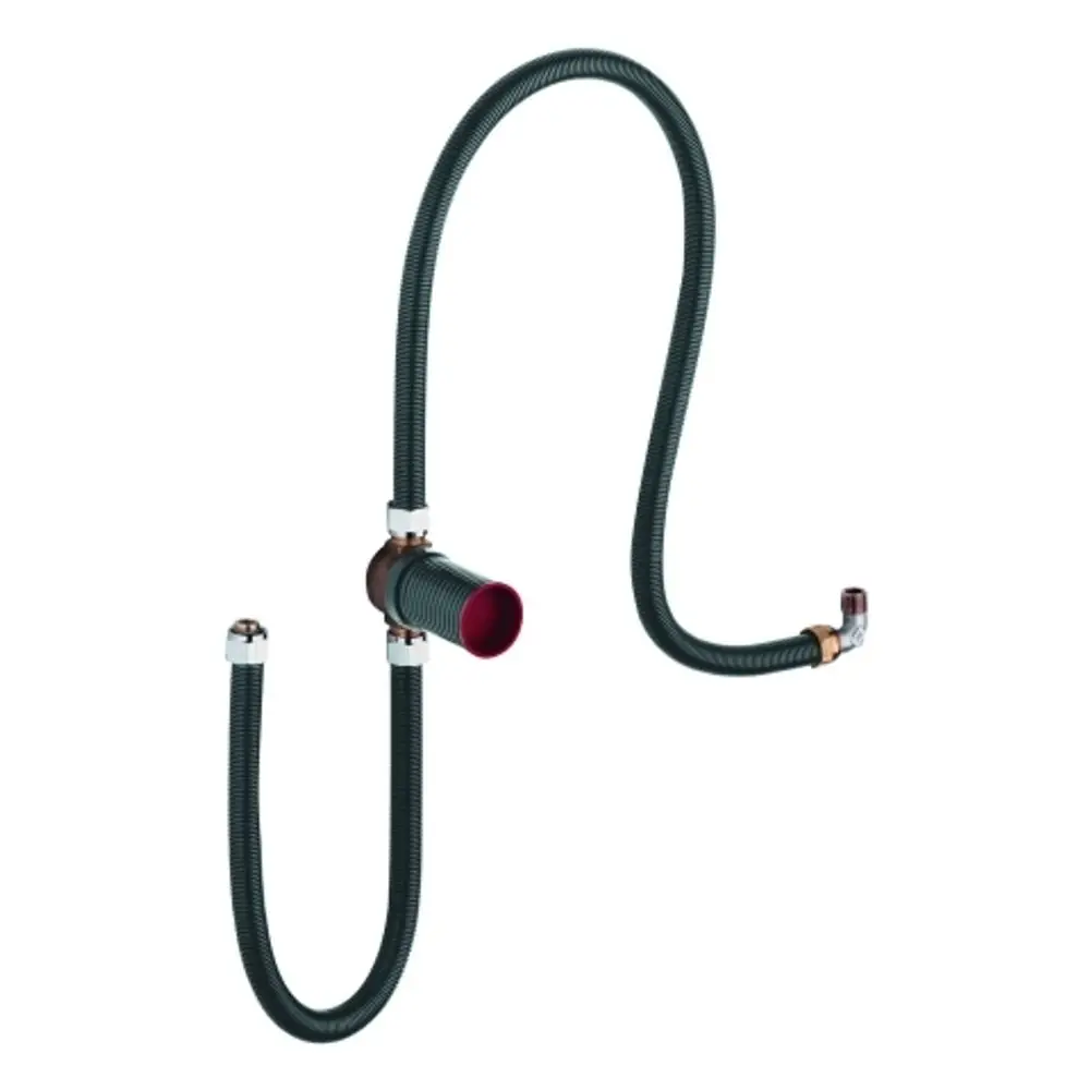 GROHE Verbindungselement mit zwei flexiblen Schläuchen, einem roten Anschluss und verchromten Gewindeanschlüssen. Ideal für Rohrinstallationen.