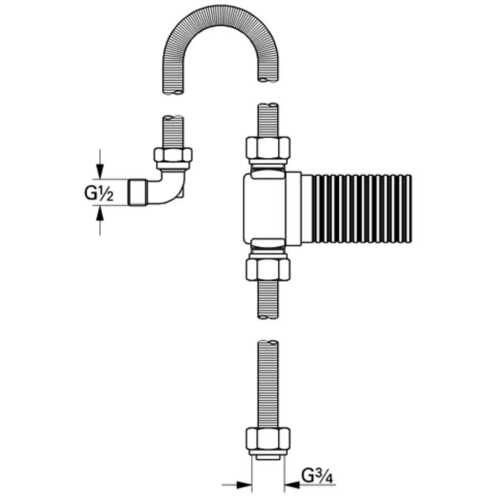 GROHE Verbindungselement mit verschiedenen Rohrkonfigurationen. Enthält eine Winkelverbindung und gerade Abschnitte für Sanitärinstallationen.