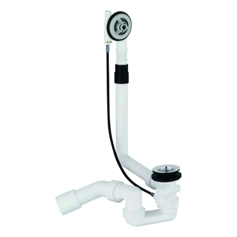 Grohe-Wannenab- und Überlaufgarnitur aus weißem Kunststoff, bestehend aus mehreren Rohren und einem Abflussventil. Ideal für den Einsatz in Standardwannen.