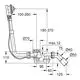 Technische Zeichnung einer Grohe Wannenab- und Überlaufgarnitur. Maße und Anschlussmöglichkeiten sind schematisch dargestellt, inklusive Rohrdurchmesser und Höhenangaben.