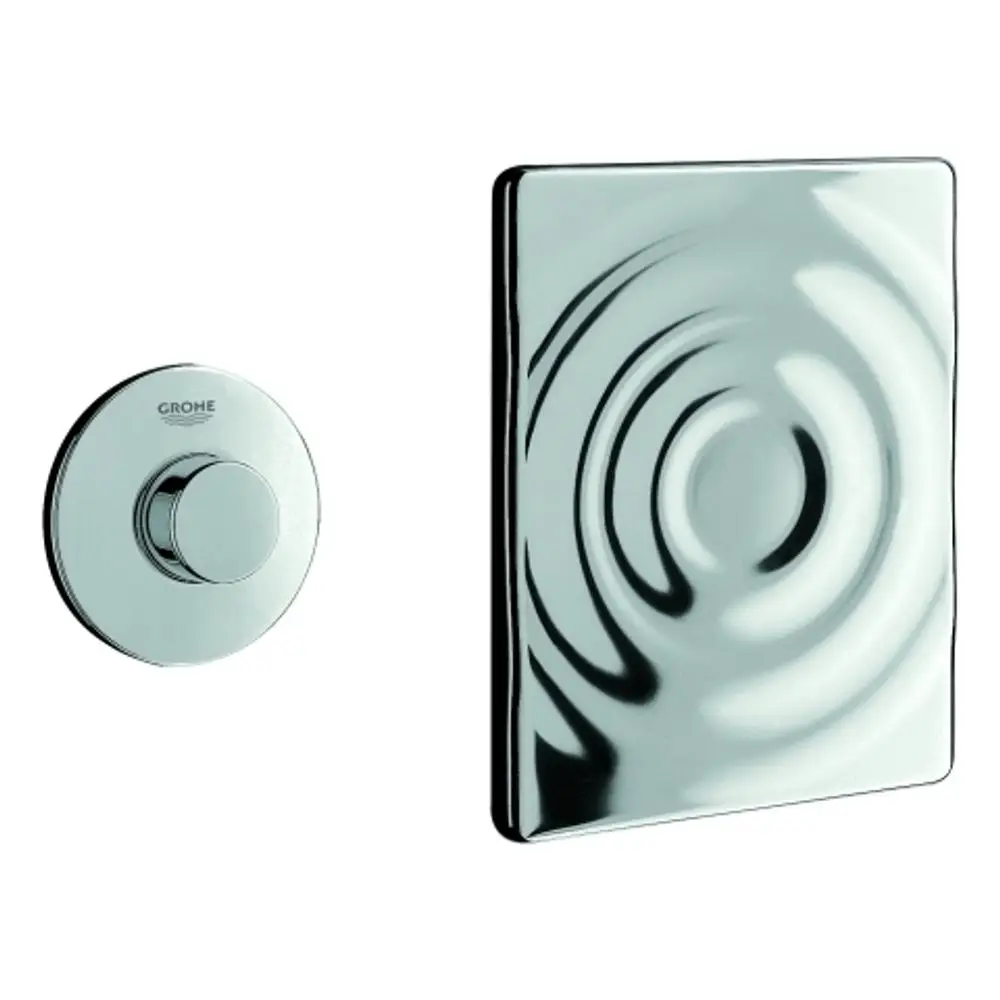 GROHE Druckknopfbetätigung in Chromoptik mit runder und rechteckiger Reihe, montiert an einer glatten Wandoberfläche.