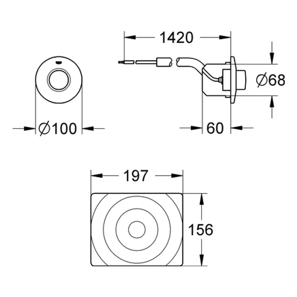 GROHE Druckknopf-Betätigung in Chrom, dargestellt in technischen Zeichnungen mit verschiedenen Ansichten und Abmessungen für Installation.