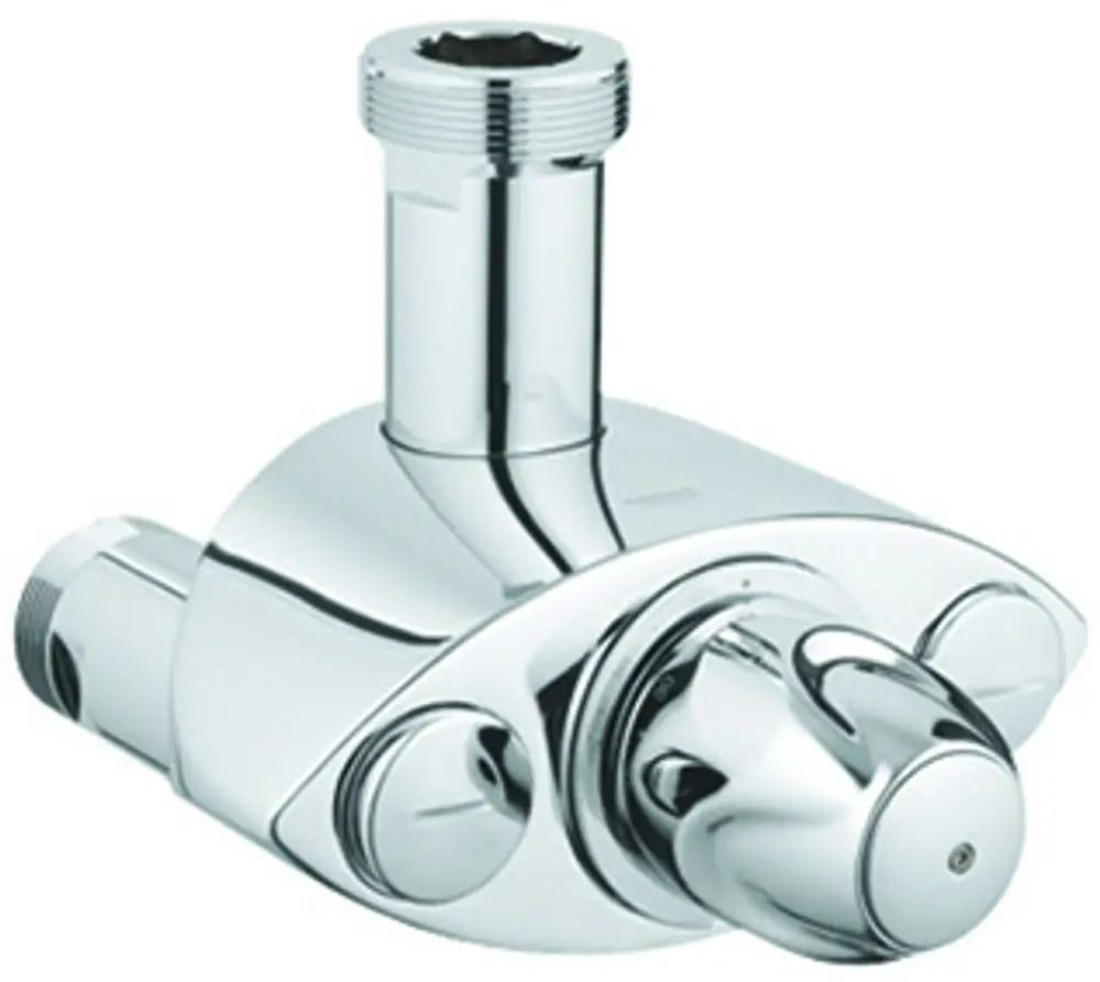 Flexibles Badezimmerarmaturen-Teil von Grohe in Chrom, mit Anschlüssen für Wasser und einem Drehknopf zur Regulierung des Durchflusses. Geeignet für Wandmontage.