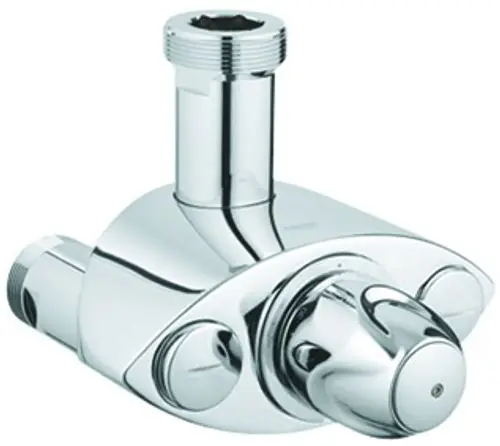 Flexibles Badezimmerarmaturen-Teil von Grohe in Chrom, mit Anschlüssen für Wasser und einem Drehknopf zur Regulierung des Durchflusses. Geeignet für Wandmontage.