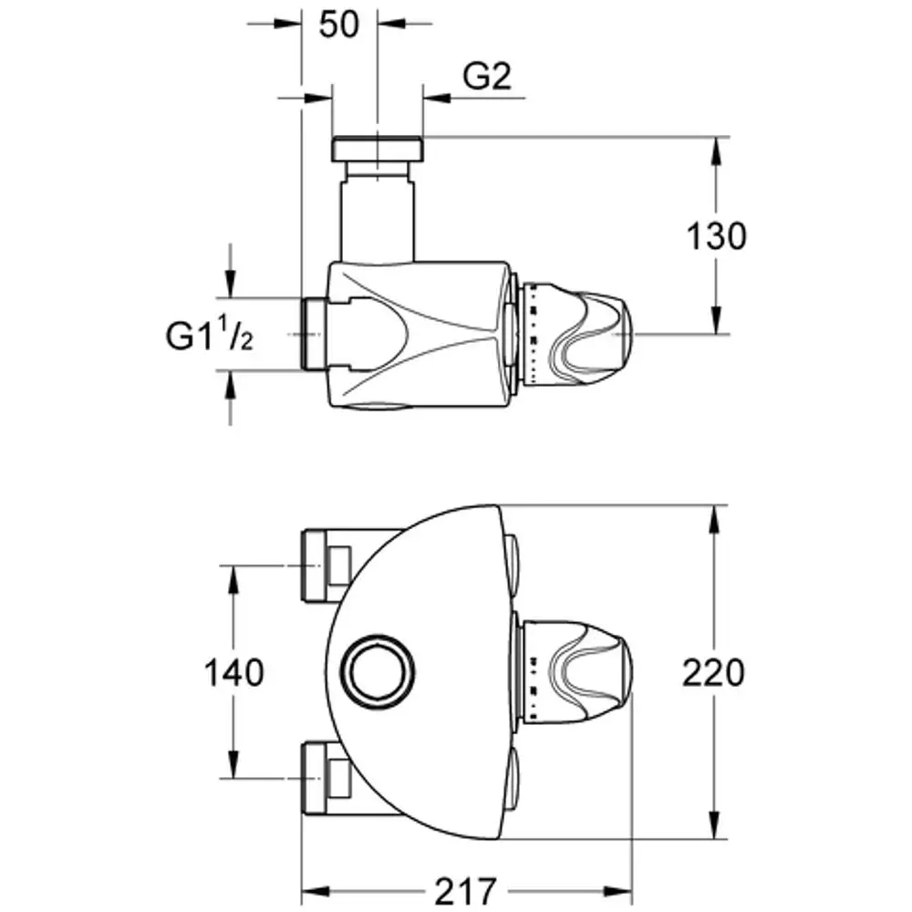 GROHE Thermostatbatterie mit Wandmontage, technische Zeichnung mit Maßangaben, zeigt Anschlüsse und den Aufbau des Geräts für die Installation.